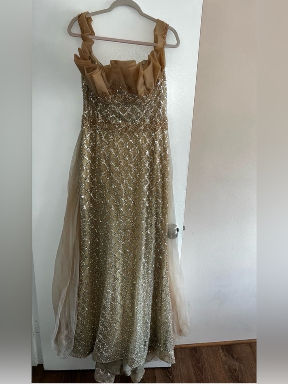 Jovani Strapless Gold Sequin Gown with Ruffle Neckline